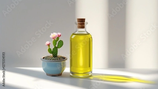 Fototapeta yellow oil bottle and flowering cactus tree