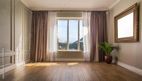 Fototapeta Cozy Interior Scene Draped Curtains Frame an Evening Scene through a Window, Featuring a Realistic Mockup of a Painted Photo, Bathed in Soft Hues and Radiating Tranquil Ambience.