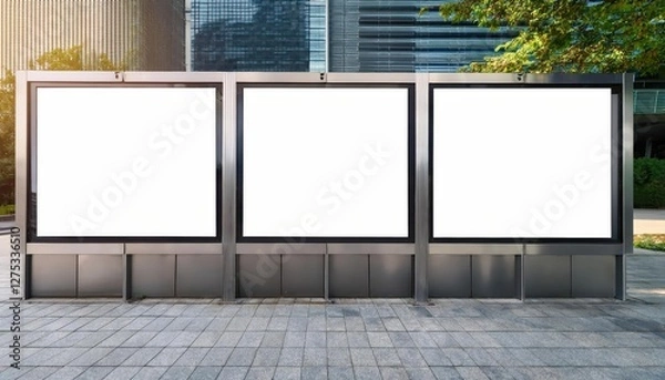 Fototapeta Vibrant Urban Artwork Empty Framed Posters and Mock Billboards Create a Striking Contrast Against the Textured Sidewalk, Amidst Bustling City Streets