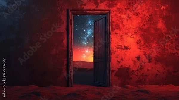 Fototapeta Mysterious Doorway Opening to a Starry Universe with Red Glow