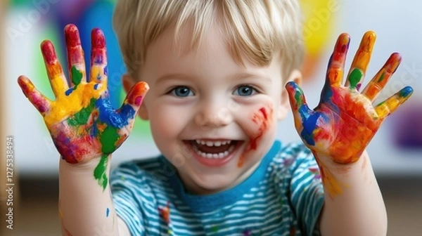 Obraz Young Boy Smiling and Showing His Hands Covered in Vibrant Paint Colors