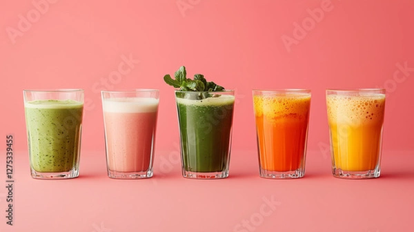 Fototapeta Five colorful fresh smoothies and juices in glasses on a pink background.