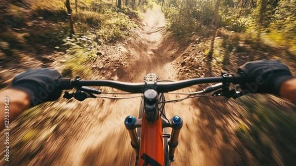 Obraz Downhill Mountain Biking with a POV Perspective Featuring a Forest Trail on a Sunny Day