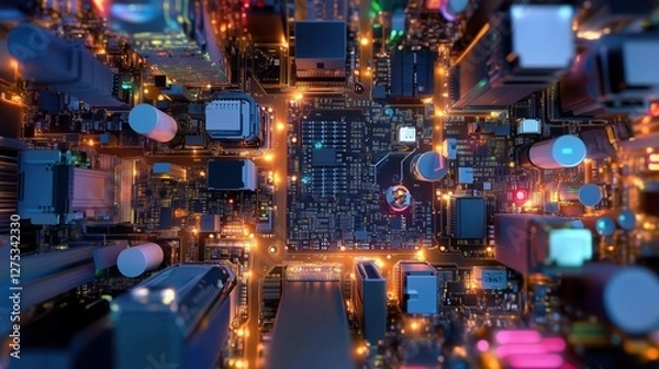 Fototapeta Close-Up of a Microprocessor Cityscape Highlighting Tech Design