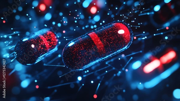 Fototapeta Futuristic 3D Render of Medical Capsules with Glowing Particles