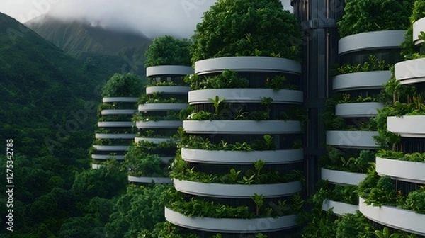 Fototapeta Futuristic Eco-Friendly Buildings Surrounded by Lush Greenery