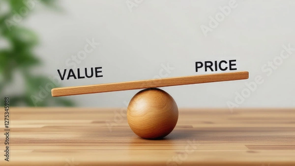 Fototapeta Wooden seesaw scale empty on wooden sphere on wood table with wording VALUE and PRICE balancing.