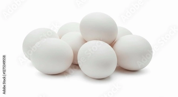 Fototapeta Seven white eggs, with their smooth texture and natural appeal, are arranged together in a visually pleasing composition