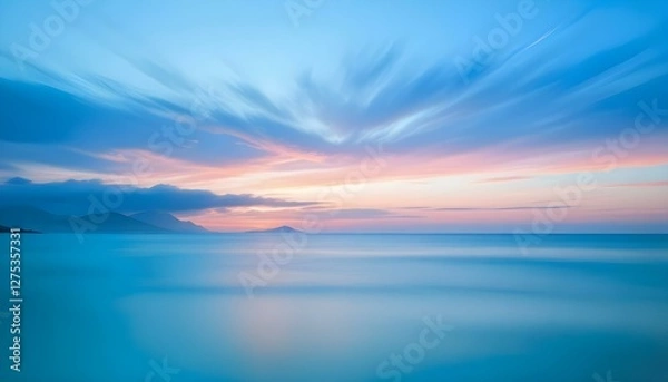 Fototapeta Simple calm blue sea, ocean under a sunset sky. Gradient sky, gradient sea, colourful, pink sky, purple sky, blue sky, orange sky. Calm mood, mood photo, sea, sky background. Landscape. heaven, dawn. 