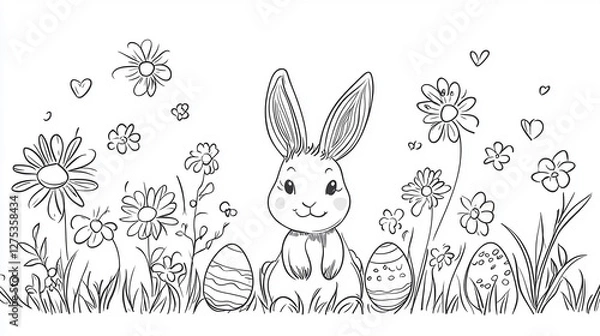 Obraz A black-and-white sketch shows a rabbit among decorated Easter eggs.