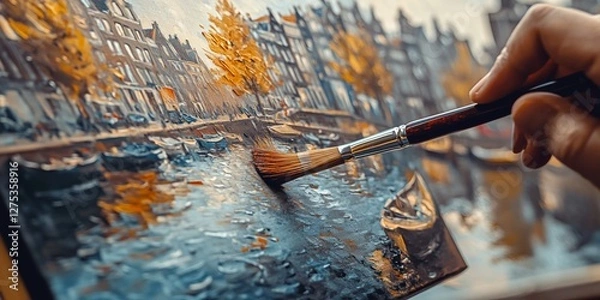 Obraz Artist painting canal view of amsterdam cityscape with brush