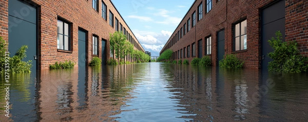 Fototapeta Flooded industrial area with water reaching factory floors, symbolizing economic loss and resource challenges after a storm