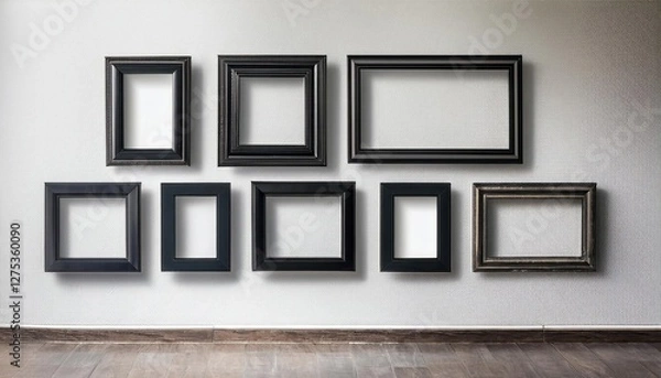 Fototapeta Stark Contrast Elegant Black Frames against a Pure White Backdrop, Showcasing Minimalistic Artwork, Perfect for Modern Gallery Spaces or Home Decor, Embracing the Zen of Simplicity.