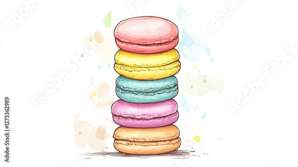 Fototapeta Hand-Drawn Colorful Macaron Stack in a Watercolor Painting with a Soft Artistic Background
