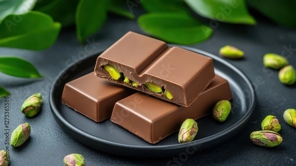 Fototapeta Decadent Milk Chocolate Pistachio Squares Stacked on a Black Plate with Green Leaves for Gourmet Confectionery Concepts