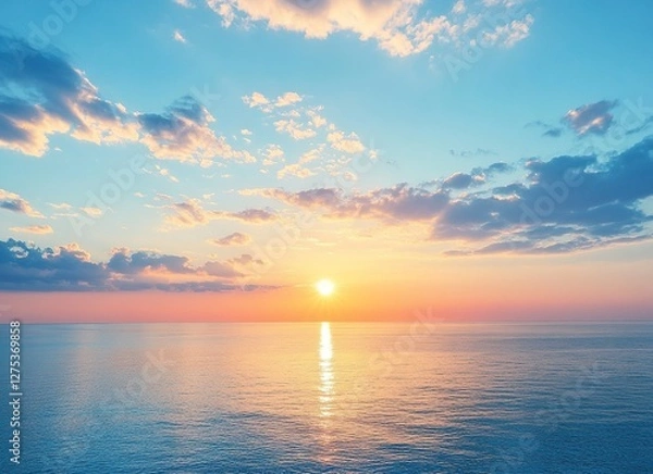 Fototapeta Beautiful sunrise over the sea, blue sky with clouds and sun on the horizon, peaceful nature background. Calm seascape view with copy space for text. Stock photo, empty copy area.
