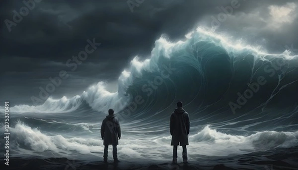 Fototapeta Two Men Facing Imminent Tsunami