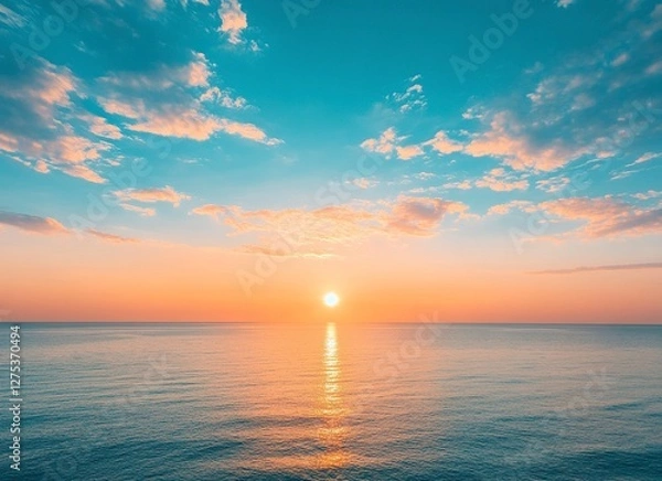 Fototapeta Beautiful sunrise over the sea, blue sky with clouds and sun on the horizon, peaceful nature background. Calm seascape view with copy space for text. Stock photo, empty copy area.