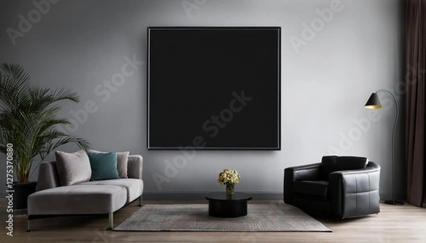 Fototapeta Modern Square Frame Art Mockup in Black Showcasing Striking Black Wall Art Displays in a Chic Living Room Space, Emphasizing Minimalistic Elegance and Contemporary Vibes