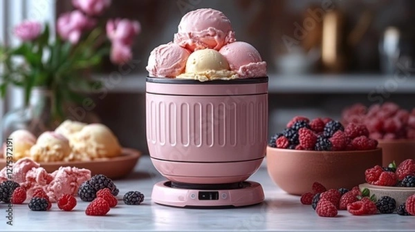 Fototapeta Ice Cream Maker with Pink Scoops and Fresh Berries. Generative AI