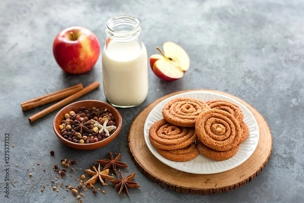Fototapeta Cinnamon applesauce cookies with spices and milk bottle