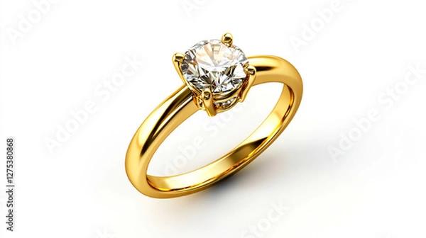 Fototapeta 3D rendering of a golden ring with a diamond, isolated on a white background