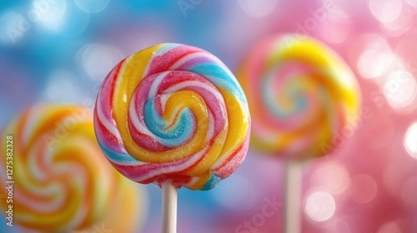 Fototapeta Colorful Swirl Lollipops on a Bright Background Ideal for Pop Art Inspiration and Fun Designs