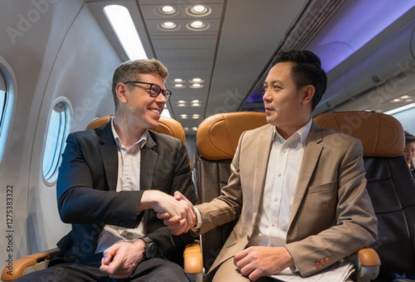 Fototapeta Two businessmen in formal suits shake hands and smile while seated on airplane cabin. Business travel and airline transportation concept