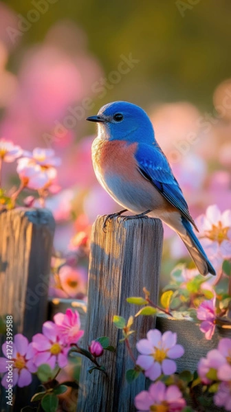 Fototapeta A close-up of a bluebird perched on a rustic wooden fence, with soft-focus flowers blooming in the background. Blue Bird Day, as a symbol of spring and the return of birds. Copy space. Card. Wallpaper