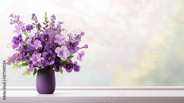 Fototapeta A bouquet of various purple flowers, including lilacs, irises, and violets, arranged artfully in a rustic vase and bathed in soft window light.