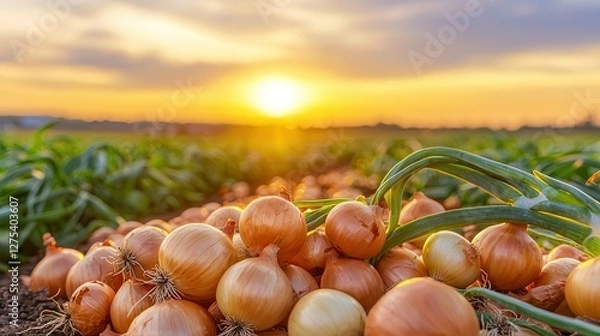 Fototapeta Hand-picked organic onions, fresh from the farm. Fresh onions on soil with a beautiful sunset in the background.