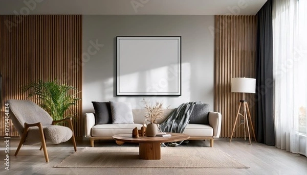 Fototapeta Modern Living Room Interior with Mockup Frame Poster Illuminating 3D Render Showcasing Sleek Furniture, Bold Colors and Textures in a Stylish Minimalist Space, Inspiring Contemporary Design