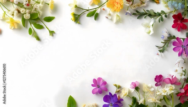 Fototapeta Elegant Floral Frame with Colorful Spring Flowers on a White Background