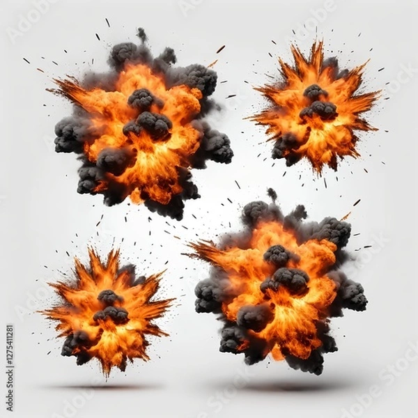 Fototapeta Four Fiery Explosions Isolated on White Background