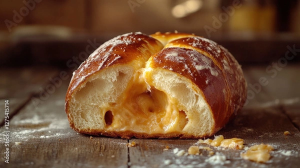 Fototapeta Warm and crusty cheese-filled bread with a golden exterior and gooey melted center