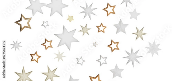Fototapeta A collection of abstract stars in various shades of white, gold, and bronze against a black background.