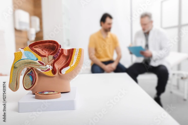 Fototapeta Male reproductive anatomy model on doctor's table during urologist consultation for sick patient in background. Treatment of men's diseases and prostatitis