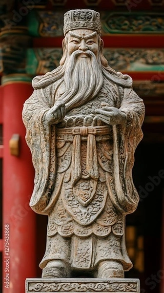 Fototapeta Asian statue, temple, weathered stone, serene pose