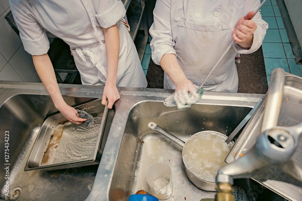 Fototapeta Chefs scrubbing and cleaning dishes in a busy professional kitchen. Hygiene, teamwork, and kitchen maintenance are essential in the food industry.