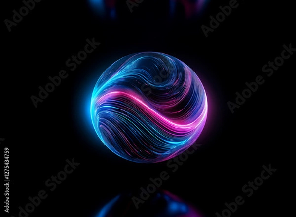 Fototapeta Abstract sphere with swirling neon blue and pink lines creating a vibrant and futuristic design against a dark background. Illuminated and dynamic.