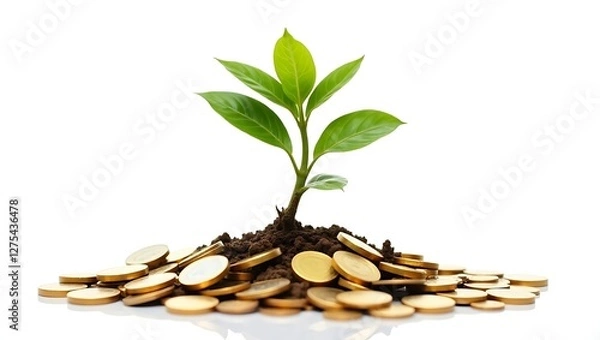 Fototapeta Pile of coins with a growing plant on top symbolizing financial growth isolated on transparent background
