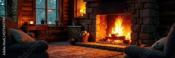 Obraz A crackling fireplace warms a cozy cabin space, flames, warmth, cabin
