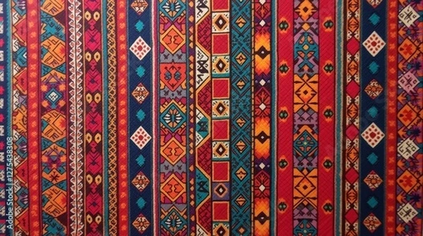Fototapeta Colorful woven textile with intricate geometric and tribal patterns in vertical stripes, featuring red, orange, blue, and yellow tones