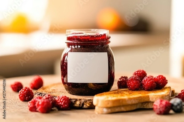 Fototapeta Jar filled with rich raspberry jam alongside toast and fresh ber