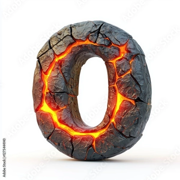 Fototapeta Number 0 made of cracked molten magma with glowing lava veins isolated on a clean white background