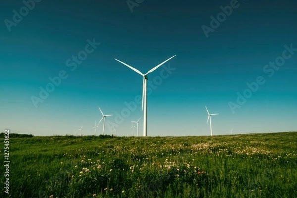 Fototapeta Wind turbines rise majestically against clear blue sky, symboliz