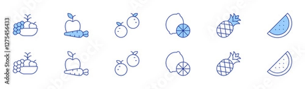 Fototapeta Fruits icon set in two styles, Duotone and Thin Line style. Editable stroke. fruit, lemon, orange, pineapple, watermelon