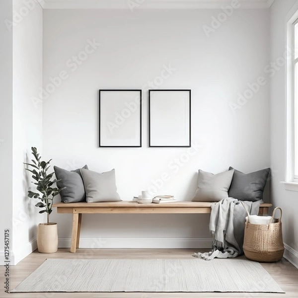 Obraz Minimalist Scandinavian Entryway with Wooden Bench and Blank Frames