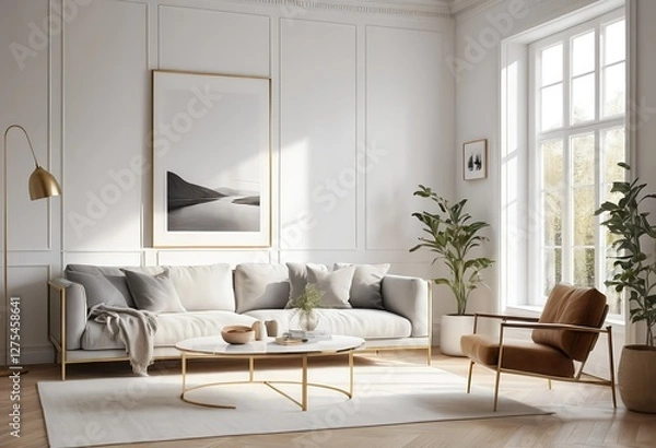 Fototapeta Modern Minimalist Living Room Interior with Gold Accents