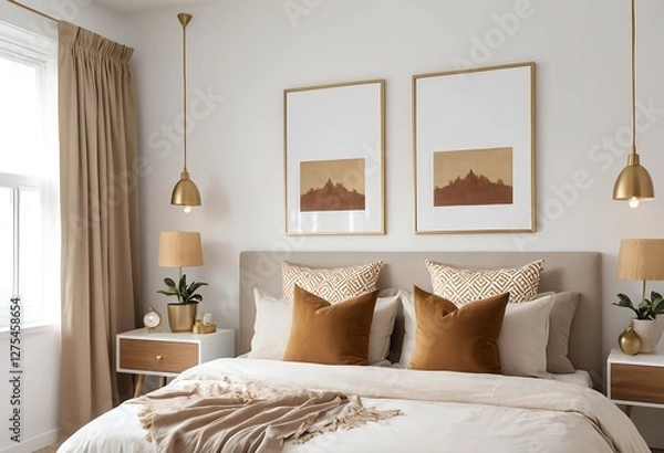 Obraz Cozy Modern Beige Bedroom Interior with Gold Accents